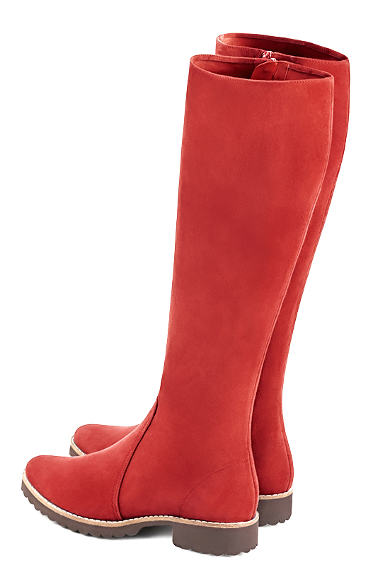 Scarlet red women's riding knee-high boots. Round toe. Flat rubber soles. Made to measure. Rear view - Florence KOOIJMAN